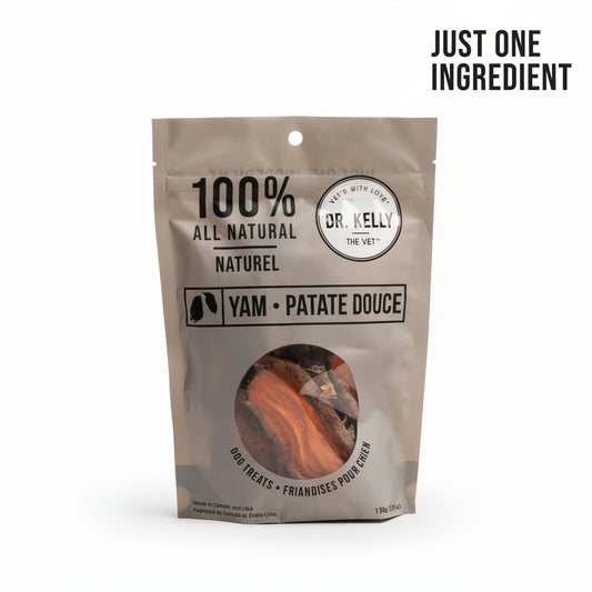 Package of Dr. Kelly Yam dog treats on a white background