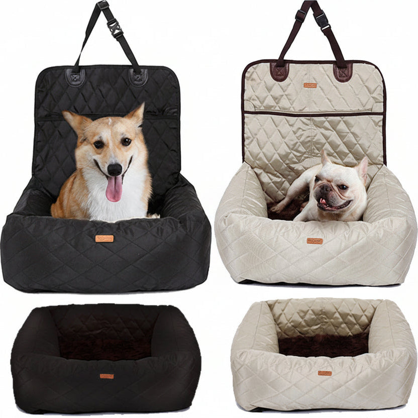 Two black and two beige pet car seats with dogs inside on a white background