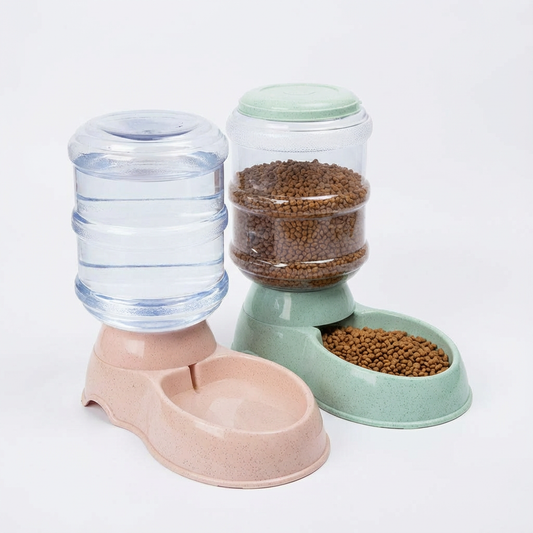 Pet water bottle and food dispenser on a white background
