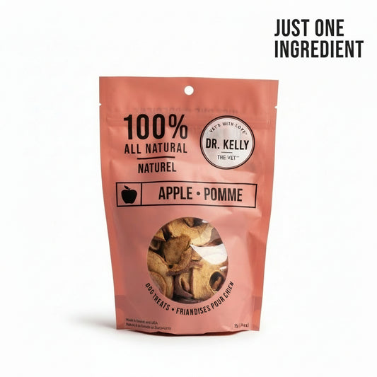 Pink package of Dr. Kelly's 100% all natural apple treats on a white background