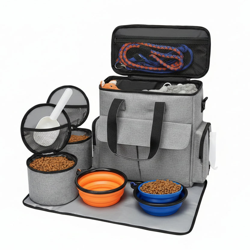 Pet travel storage bag with accessories on a light green background