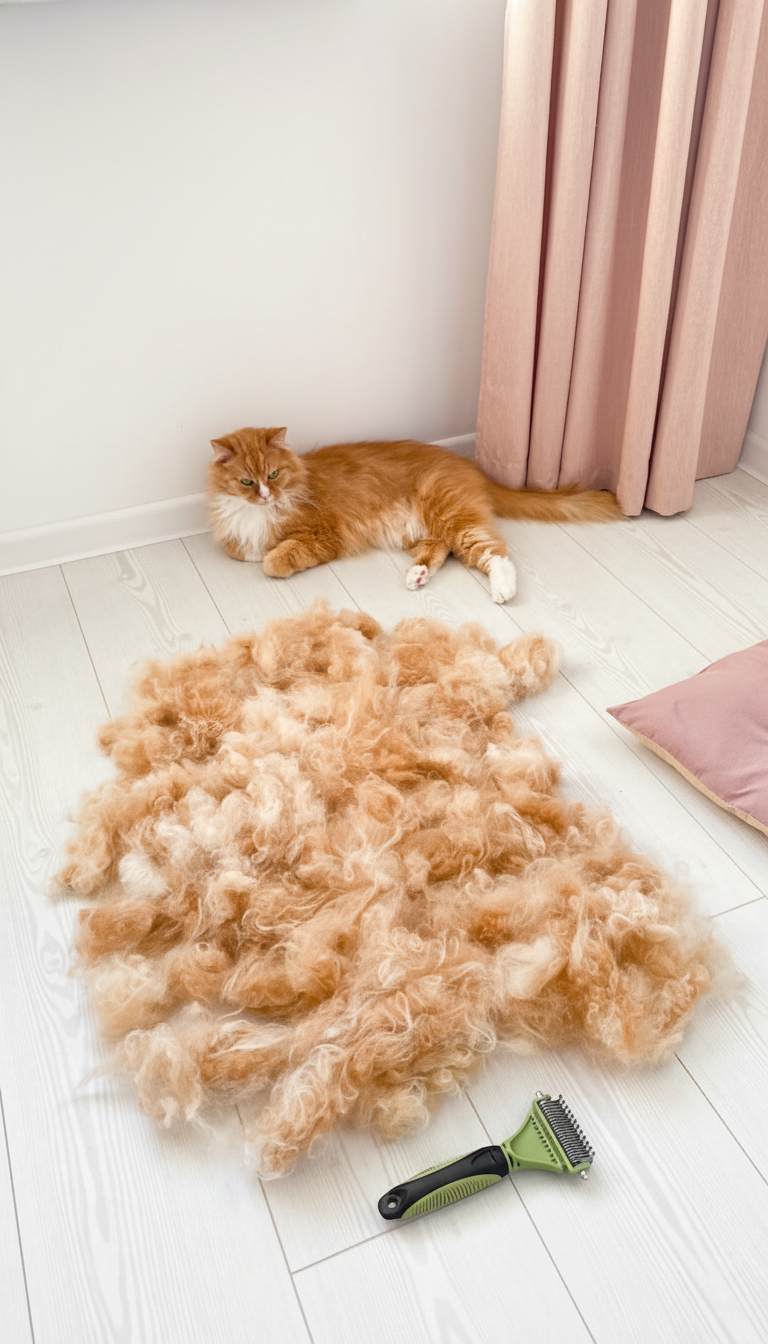 Cat lying on a pile of fur with a grooming brush on a wooden floor.