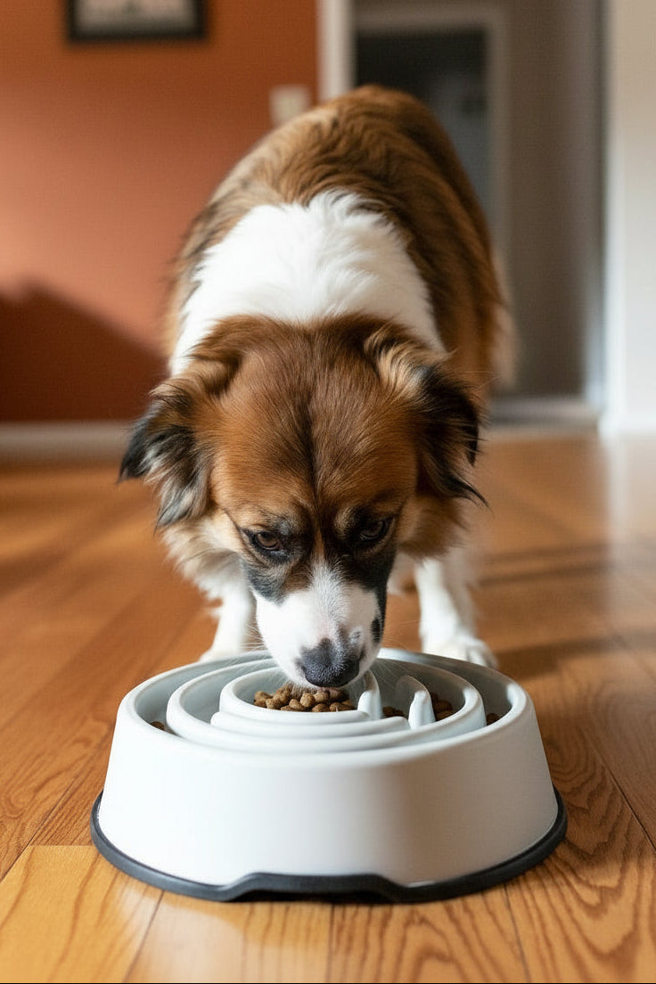 Dog eating from a bowl on a wooden floor